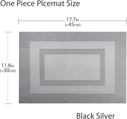 PIGCHCY Placemats Set of 6,Washable Woven Place Mats Vinyl Table Mats Non Slip Placemats Heat Resistant Durable Placemats for Dining Table (Silver Black)