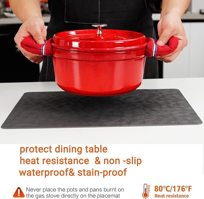 Vinyl Placemats Set of 12 Heat Resistant Easy Clean Non-Slip Place Mats for Dining Table. Faux Leather Waterproof Stain Resistant Wipeable Washable PU Table Mats(12, Gray)