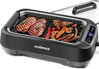CUSIMAX Electric Indoor Grill, 1500W Smokeless Korean BBQ Grill with Smart LED Display & Tempered Glass Lid, Removable Non-stick Plate, Turbo Smoke Extractor, Black