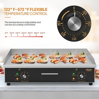 ROVSUN 30" Electric Countertop Flat Top Griddle, 3000W Electric Griddle, Teppanyaki Grill Stainless Steel with Adjustable Temperature Control 122°F-572°F for Commercial Home Restaurant, Plug