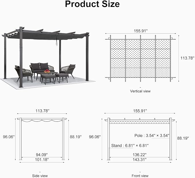 PURPLE LEAF Outdoor Pergola 10' X 13' Retractable Canopy Aluminum, Custom Shade - Image 7