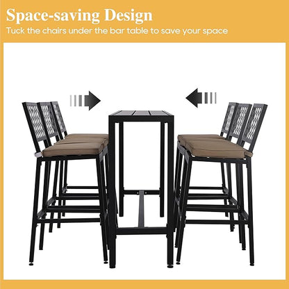 Outdoor Patio Bar Set, Bar Height Patio Dining Set, Weather-Resistant Bistro Counter Pub Set with Cushions & Slatted Tabletop for Backyard, Garden, Yard (63" Table, 6 "X Style Stool, Black)