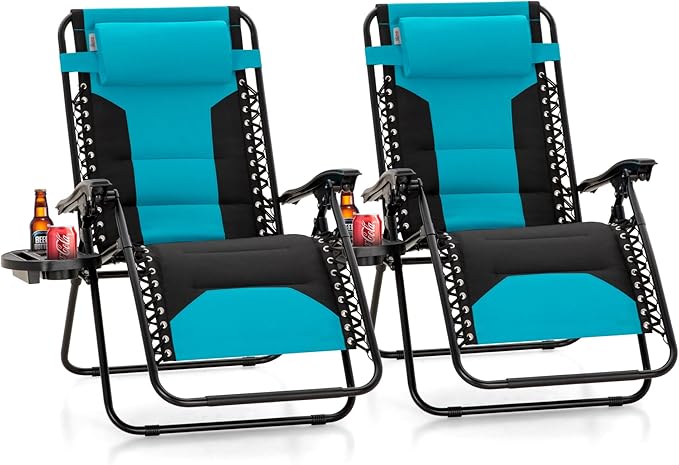 PHI VILLA Padded Zero Gravity Chair Set of 2, Cup Holder, 28in Seat, Aqua | by PHIVILLA