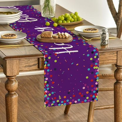 Artoid Mode Polka Dot Purple Happy Birthday Table Runner, Seasonal Kitchen Dining Table Decoration for Home Party Decor 13x72 Inch