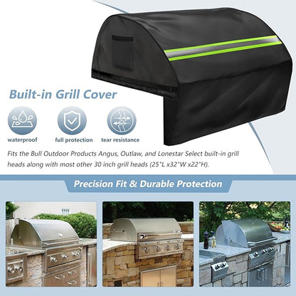 Built in Grill Cover for Bull 30-Inch grill heads - Heavy Duty 600D with Reflective Strips and Plush Lining,Protects the built in grill while enhancing its visual appeal, 25.5"L x32.5"W x22.5"H,Black