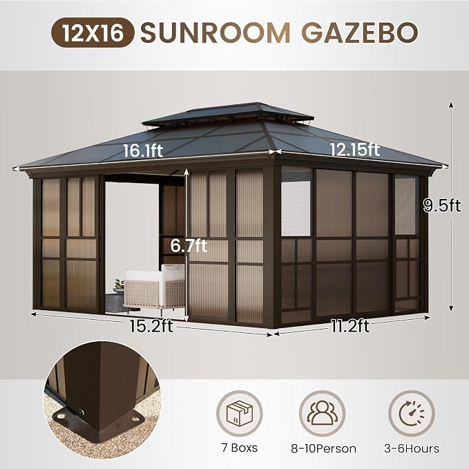 12x16 Sunroom Gazebo, Enclosed Outdoor Solarium - Image 2