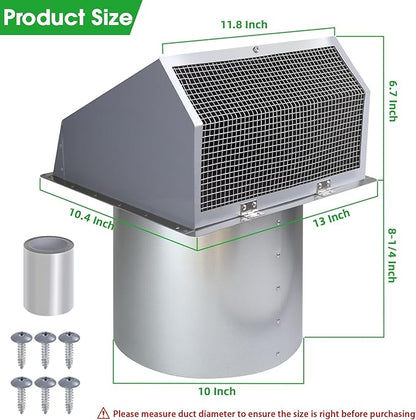 10 Inch Hooded Wall Vent Exhaust with Screen and Damper,Outdoor Wall Exhaust Vent Cover Cap for Kitchen Range Hood Outside Exterior Dryer Ventilation,Galvanized Steel,Gray