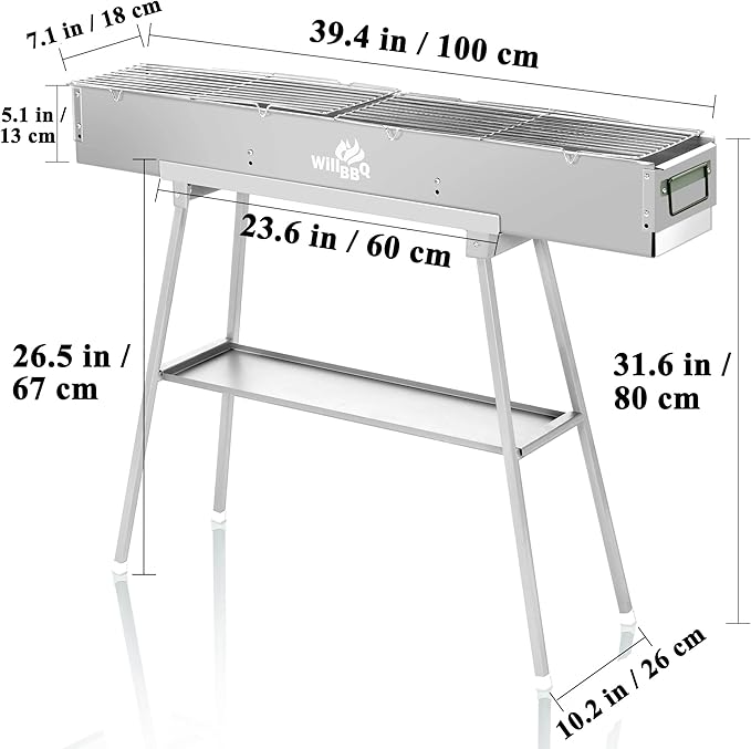 WILLBBQ Charcoal Grills Commercial Quality Portable Multiple Size Hibachi BBQ Lamb Skewer Folded Camping Barbecue Grill(39.4x7.1x5.1 inch With Accessories) - The Perfect Gifts for Grill Lovers