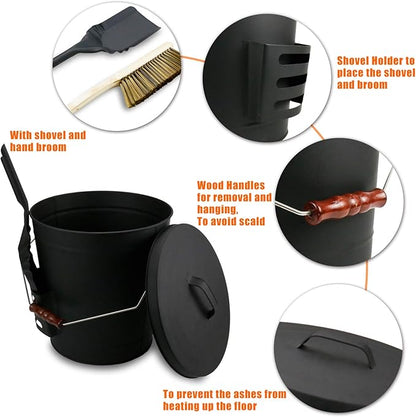 Grisun Ash Bucket with Lid, Shovel and Hand Broom, 5.2 Gallon Coal Bucket for Fireplace, Charcoal Wood Fire Pits, Burning Stoves, Large Pail Pellet Metal Buckets Ash Can, for Indoor and Outdoor