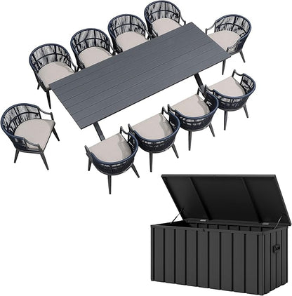 PURPLE LEAF Outdoor Dining Set for 8 with Storage Box All Weather Wicker Patio Dining Set with Rectangular Aluminum Table and Modern Armrest Dining Chairs for Garden Deck Backyard Kitchen, Grey