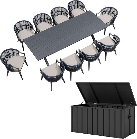 PURPLE LEAF Outdoor Dining Set for 8 with Storage Box All Weather Wicker Patio Dining Set with Rectangular Aluminum Table and Modern Armrest Dining Chairs for Garden Deck Backyard Kitchen, Grey