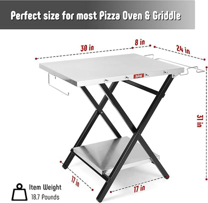 Outdoor Grill Table, Foldable Pizza Oven Stand & Griddle Stand with Garage Rack & Tissue Holder, Folding Outdoor Prep Table for Gathering and Party, 30" x 24", Stainless Steel