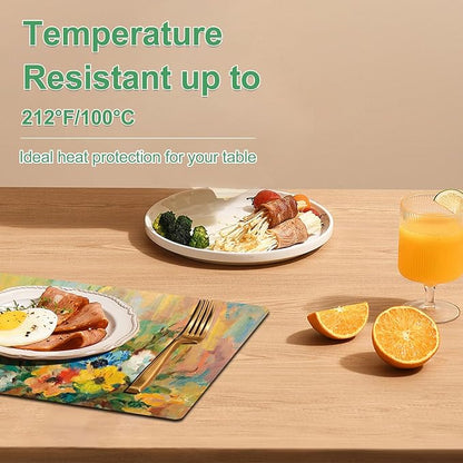 Spring Floral Placemats Set of 4 - Faux Leather Heat Resistant Placemats for Dinner Table, Non-Slip Waterproof Oil-Proof Washable Reusable Placemat for Indoor Outdoor Kitchen, 15.75In*11.81In