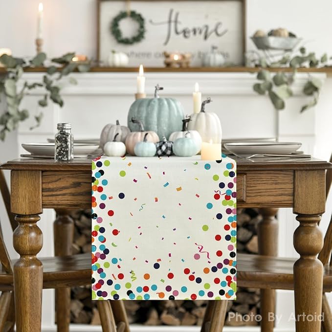 Artoid Mode Polka Dot Beige Happy Birthday Table Runner, Seasonal Kitchen Dining Table Decoration for Home Party Decor 13x108 Inch