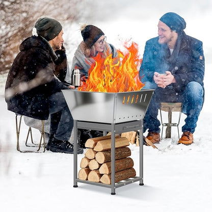 Stainless Steel Inch Square Wood Fire Pit with Grill, 2-in-1 Outdoor Firepit with Ash Pan and Wood Storage, Portable for Backyard, Patio, Camping Use