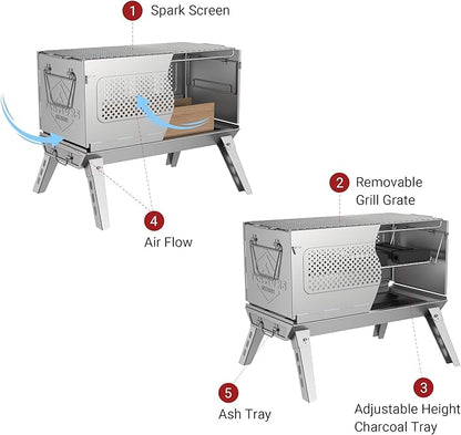 20-Inch Smokeless Fire Pits for Outdoor - Portable & Easy to Assemble - Stainless Steel FirePit with Grill, Removable Ash Pan & Carry Bag. Ideal for Camping Backyard, Patio Garden Picnic BBQ