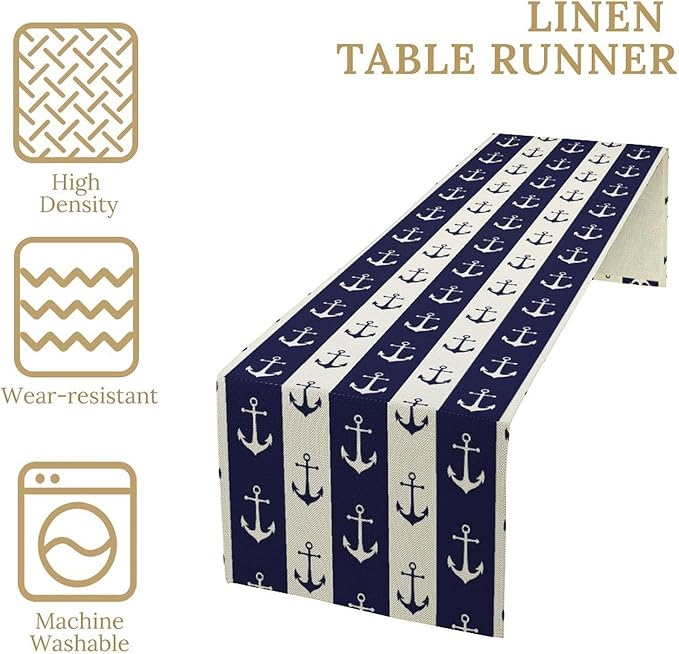 Nautical Anchor Table Runner, Ocean Beach Coastal Beach Stripe Background Theme Table Runner for Dining Kitchen Party Holidays Home 13x60in