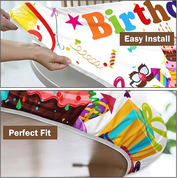 Birthday Round Fitted Tablecloth with Elastic Colorful Happy Birthday Party Circle Table Cover for 44-48" Round Tables Wipeable Waterproof Cake Balloons Gifts Table Cloth for Picnic Dining Patio Decor