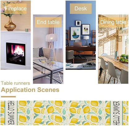 Spring Yellow Lemon Table Runner, Hello Summer Seasonal Exotic Fresh Fruits Plants Branch Leaves Print Table Cover for Farmhouse Kitchen Table Party Decor, 13x36inch