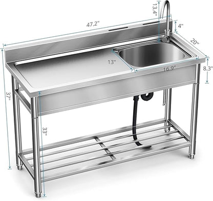 Stainless Steel Sink, Free Standing Kitchen Sink with Countertop Workstation, Utility Sinks Single Bowl with Cold and Hot Water Pipe Indoor Outdoor (47 Inch)