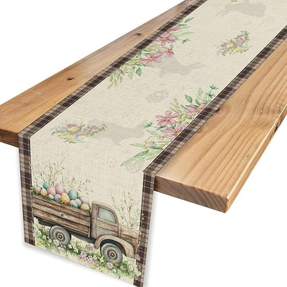 Easter Truck Table Runner,Rustic Brown Plaid Eggs Floral Bunny Spring Summer Holiday Table Center Decor for Family Kitchen and Living Room Outdoor Farmhouse Party Table Decorations, 13"x90"