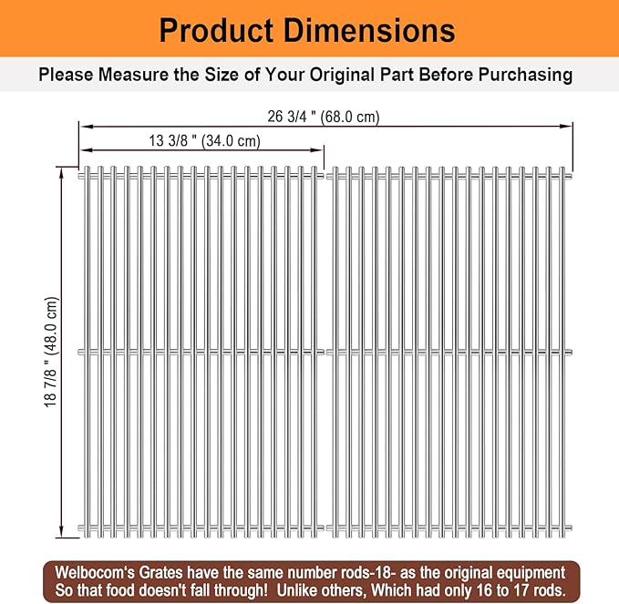 18.85" Grill Grates for Weber Genesis II 300 & GS4 Genesis II LX 300 Series Grills;Genesis II E & S 310 315 320 325 335 Grills;Weber Genesis II Grates 66095;304 Stainless Steel Grates