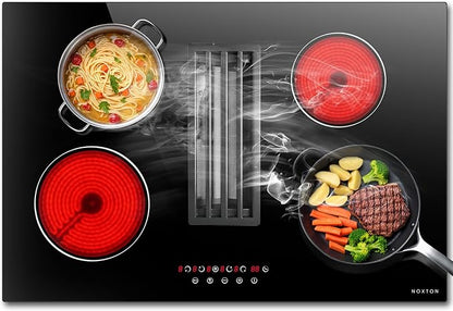 Noxton 30”Electric Cooktop with Downdraft Vent, 4 Burner Radiant Stove Top, 6000W, 240V Hardwired, 9 Heat Settings, 99-Min Timer, Pause & Child Lock(No Exhaust Pipe Required)