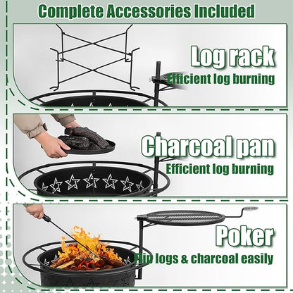 31" 2-in-1 Wood Burning Fire Pit with Swivel BBQ Grills & Spark Screen for Outside - Heavy Duty Outdoor Firepit with Charcoal Pan, Log Rack & Poker - for Backyard, Patio, Garden Bonfire
