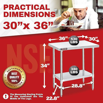 DuraSteel 30x36 Stainless Steel Work Table - NSF Commercial Prep Metal Table - Outdoor Pizza Oven Stand w/Under Shelf - Kitchen Island Laundry Utility Garage Microwave Stand Large Rolling Storage Cart