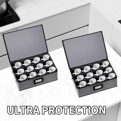 Aokeyee 2-Pack Cup and Mug Storage Box, Hard Shell China Storage Containers - Holds 24 Coffee Mugs, Tea Cups & Glasses, Stackable Organizers with Lid, Handles, Zippers & Label for Moving