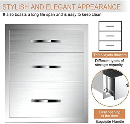 Stainless Steel Outdoor Kitchen Drawers - 3-Drawer BBQ Drawer, Built-in, Flush Mount for Outdoor Kitchens & BBQ Islands, 18Wx23Dx24H