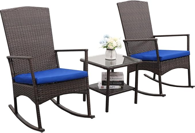 Outdoor PE Wicker Rocking Chair 3-Piece Patio Rattan Bistro Set 2 Rocker - Image 6