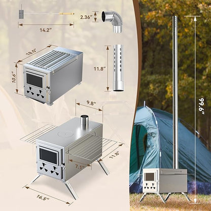 Hot Tent Stove, Camping Wood Burning Stove with 8 Stainless Chimney Pipes, Folding Portable Wood Stove for Tent, Outdoor Heating, Cooking, Ice Fishing, Hunting