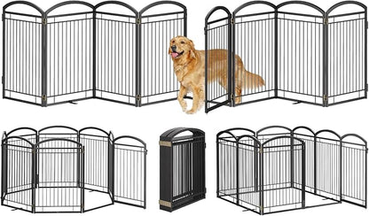 Full Metal Free Standing Dog Gate with Door for Indoor Outdoor, 192'' Extra Wide 36'' Tall Dog Gate for Doorways,Large Openings,Decks,Pet Puppy Freestanding Safety Fence(8 Panels,Black)