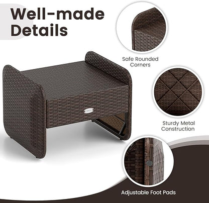 Tangkula 2 Pieces Patio PE Wicker Ottomans with Removable Cushions, Multipurpose Outdoor Furniture for Additional Seating, Footrest and Side Table, Outdoor Footstools for Porch, Backyard (Beige)