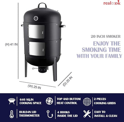 Realcook Charcoal BBQ Smoker Grill - 20 Inch Vertical Smoker for Outdoor Cooking Grilling