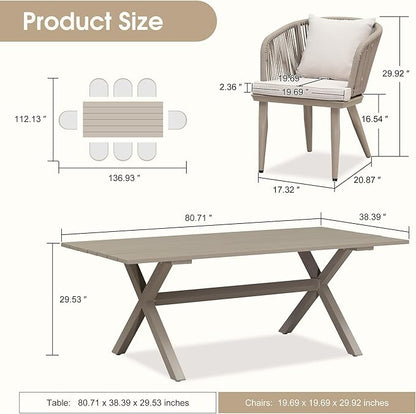 PURPLE LEAF 9 Pieces Patio Dining Set Wicker Outdoor Furniture Rectangular Table and Chairs Set for Garden Deck Aluminum Frame Backyard Kitchen Set, Cushions and Pillows Included Champagne