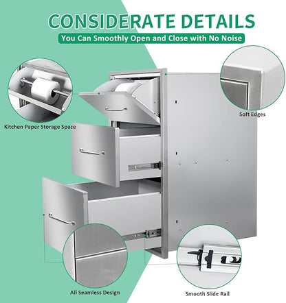 Outdoor Kitchen Drawers 17" W x 30" H x 20" D Stainless Steel Paper Towel Drawers with Ergonomic Handle for BBQ Island, Patio Grill Station & Outdoor Kitchen Cabinets