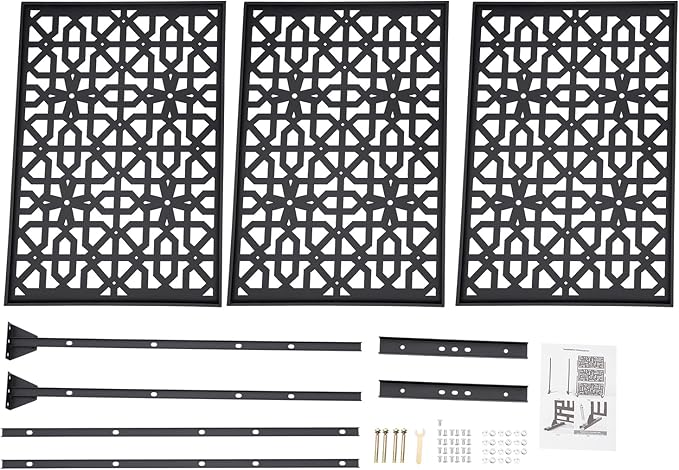 Outdoor Metal Privacy Screen with Stand, 35.4" W x 75" H Freestanding Metal Slatted Decorative Privacy Screen and Panels for Patio Garden Balcony Porch (Black Polygonal)