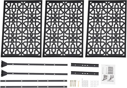 Outdoor Metal Privacy Screen with Stand, 35.4" W x 75" H Freestanding Metal Slatted Decorative Privacy Screen and Panels for Patio Garden Balcony Porch (Black Polygonal)
