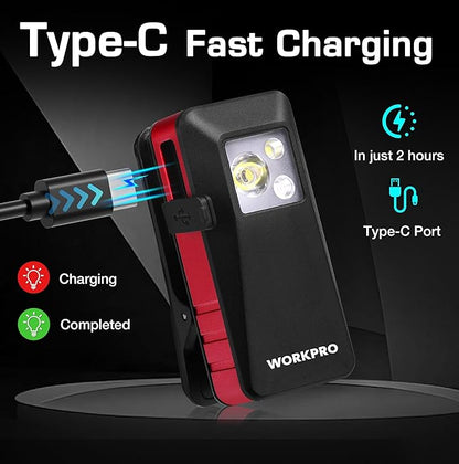 WORKPRO EDC Flashlight Clip-on Light, 500 Lumens Rechargeable Flashlight with Type-C, Magnetic Pocket Light for Working, Cycling, Signaling, Running, Camping, Red