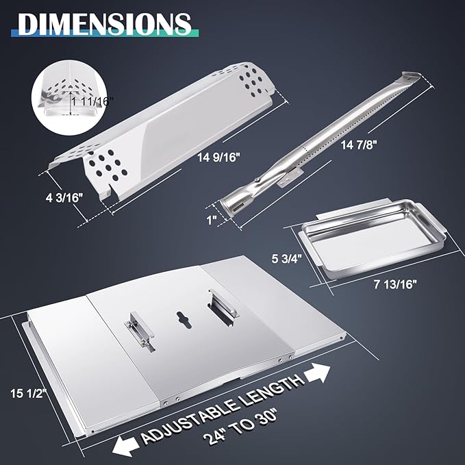 Grill Grease Tray Replacement Parts for Nexgrill 4 Burner 720-0830H, 720-0783E, 720-0888, 720-0888N, 720-0830A, Adjustable 24''-30'' Gas Grill Drip Pan, Heat Plates Shield, Burner Tubes and Igniters.