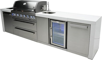 Mont Alpi MAi805-DBEV 6-Burner 115000 BTU 44-inch Deluxe Stainless Steel Island Outdoor Kitchen Gas Grill + Beverage Center Faucet and Sink + Granite Countertops + Storage Drawers and Cabinets