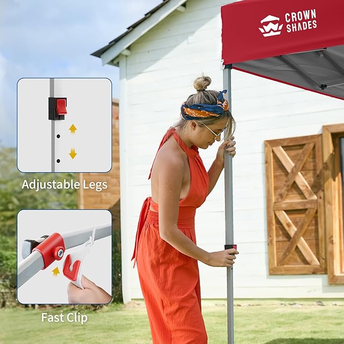CROWN SHADES 8x8 Pop Up Canopy with 1 Side Wall - Beach Tent with One Push Setup - Outdoor Sun Shade for Events, Parties, Camping - Gazebo with STO-N-Go Cover Bag (Red)