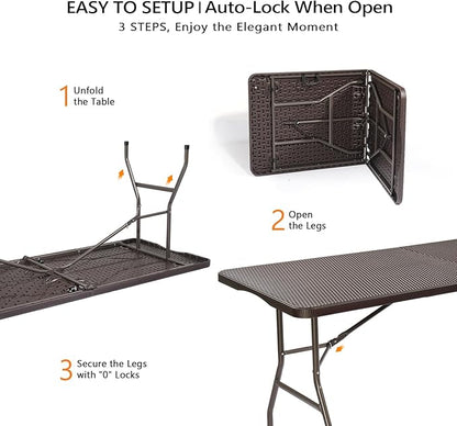 VINGLI 6 Foot Plastic Folding Table Portable Long Table for Indoor Outdoor Use Rectangular with Carrying Handle,Rattan Patterned HDPE Tabletop, Brown