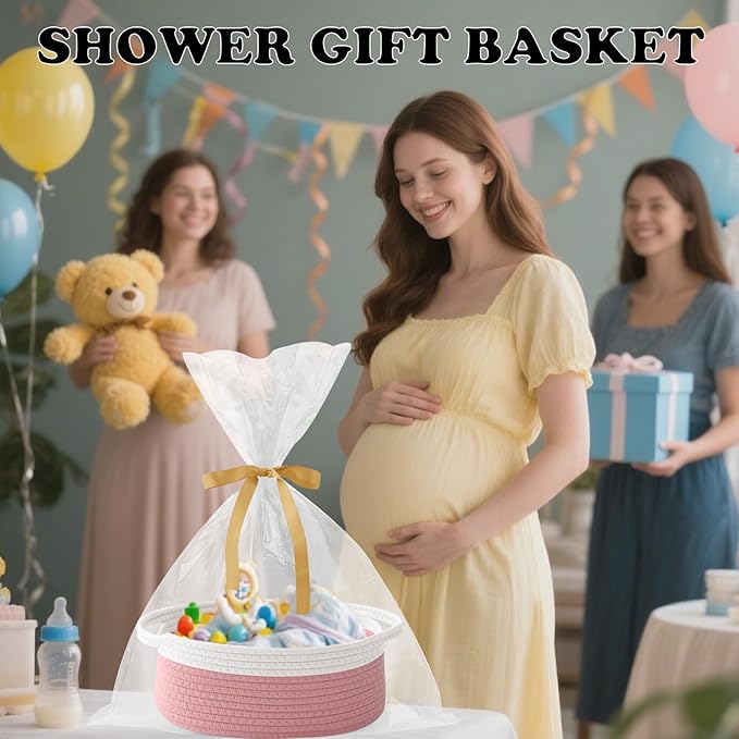 Gift Basket with Gift Bag and Ribbons,Small Rope Woven Shelf Storage,Baskets for Gifts Empty,Birthday,Baby Shower,Decorative Organizer Box with Handles(White&Pink)