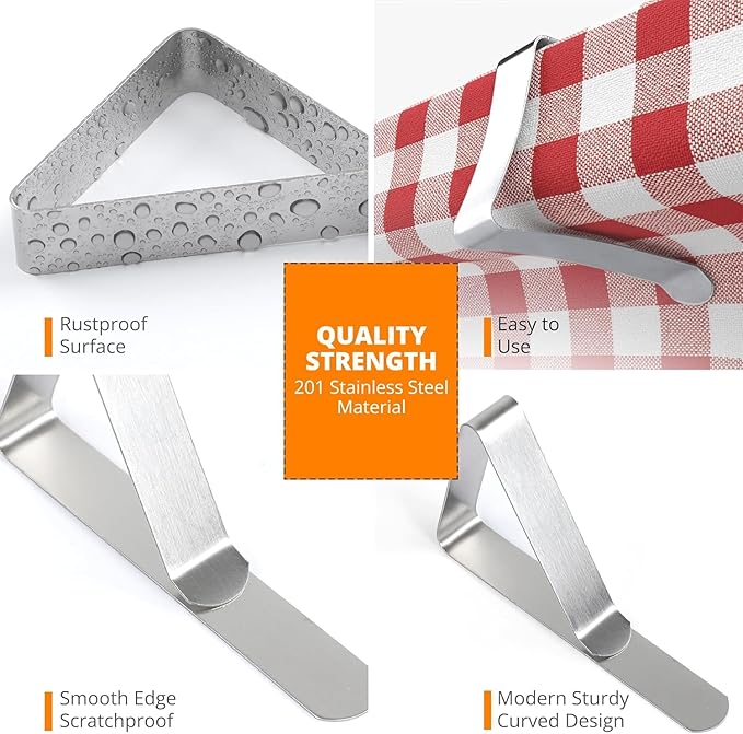 Tablecloth Clips [USA Based Brand] - 12 Pack Stainless Steel, Rust Proof Table Clips for Home, Restaurants, Picnic, Party, Dining Tables - Fits Up to 1.8 Inch Thick Tables