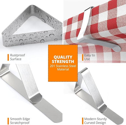 Tablecloth Clips [USA Based Brand] - 12 Pack Stainless Steel, Rust Proof Table Clips for Home, Restaurants, Picnic, Party, Dining Tables - Fits Up to 1.8 Inch Thick Tables