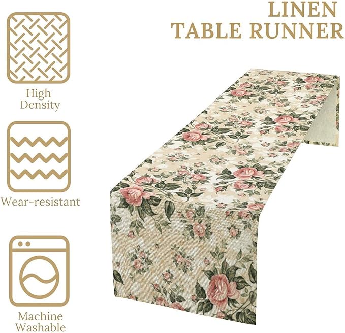 Rose Floral Table Runner,Vintage Watercolor Spring Summer Seasons Flowers Table Decoration for Wedding Holiday Indoor Outdoor Home Party 13x108in