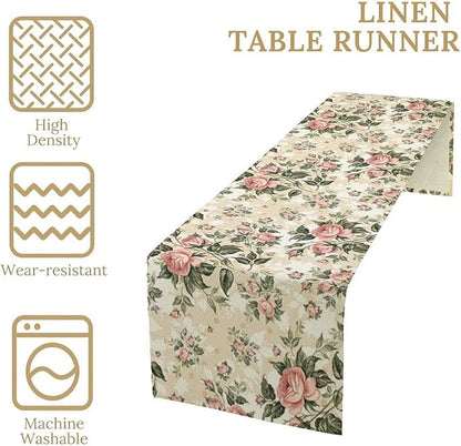 Rose Floral Table Runner,Vintage Watercolor Spring Summer Seasons Flowers Table Decoration for Wedding Holiday Indoor Outdoor Home Party 13x90in